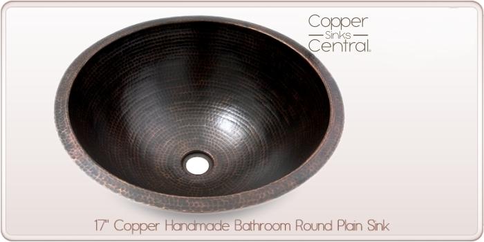 17" Copper Handmade Bathroom Round Plain Sink