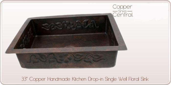 33" Copper Handmade Kitchen Drop-in Single Well Floral Sink