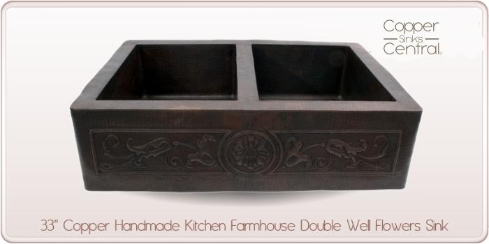 33" Copper Handmade Kitchen Farmhouse Double Well Flowers Sink